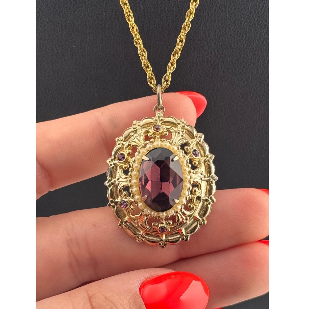 Vintage Coro Necklace Purple Stone Pearl Pendant Missing Stone
